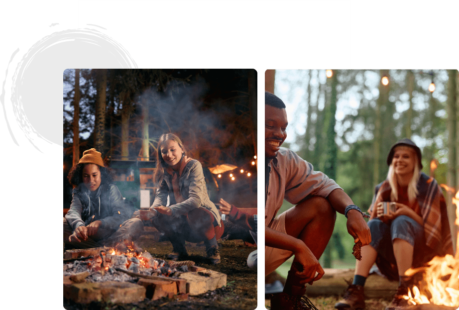 Friends enjoying a campfire at night.